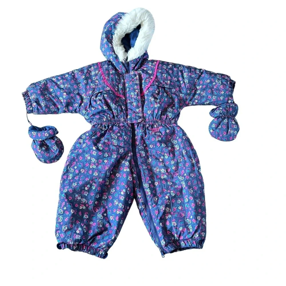 Vintage 90s Oshkosh B'gosh Girls 18 Month Snowsuit Blue Pink Floral‎ Hooded